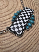 Checkered Bar Necklace with Faux Turquoise - 18 inch necklace - Cowhide and Conchos