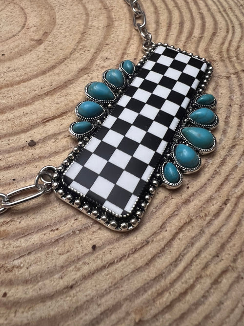 Checkered Bar Necklace with Faux Turquoise - 18 inch necklace - Cowhide and Conchos