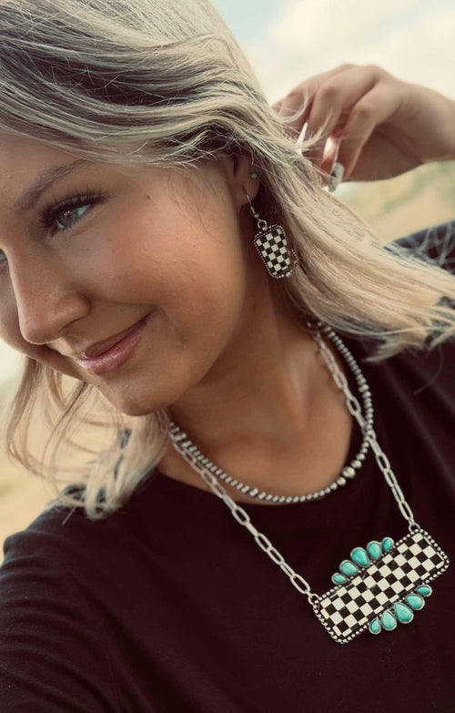 Checkered Bar Necklace with Faux Turquoise - 18 inch necklace - Cowhide and Conchos