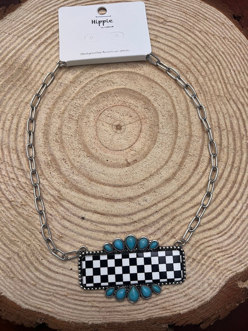 Checkered Bar Necklace with Faux Turquoise - 18 inch necklace - Cowhide and Conchos