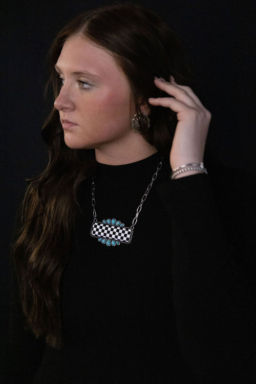 Checkered Bar Necklace with Faux Turquoise - 18 inch necklace - Cowhide and Conchos