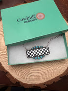 Checkered Bar Necklace with Faux Turquoise - 18 inch necklace - Cowhide and Conchos