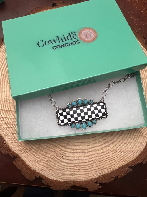 Checkered Bar Necklace with Faux Turquoise - 18 inch necklace - Cowhide and Conchos