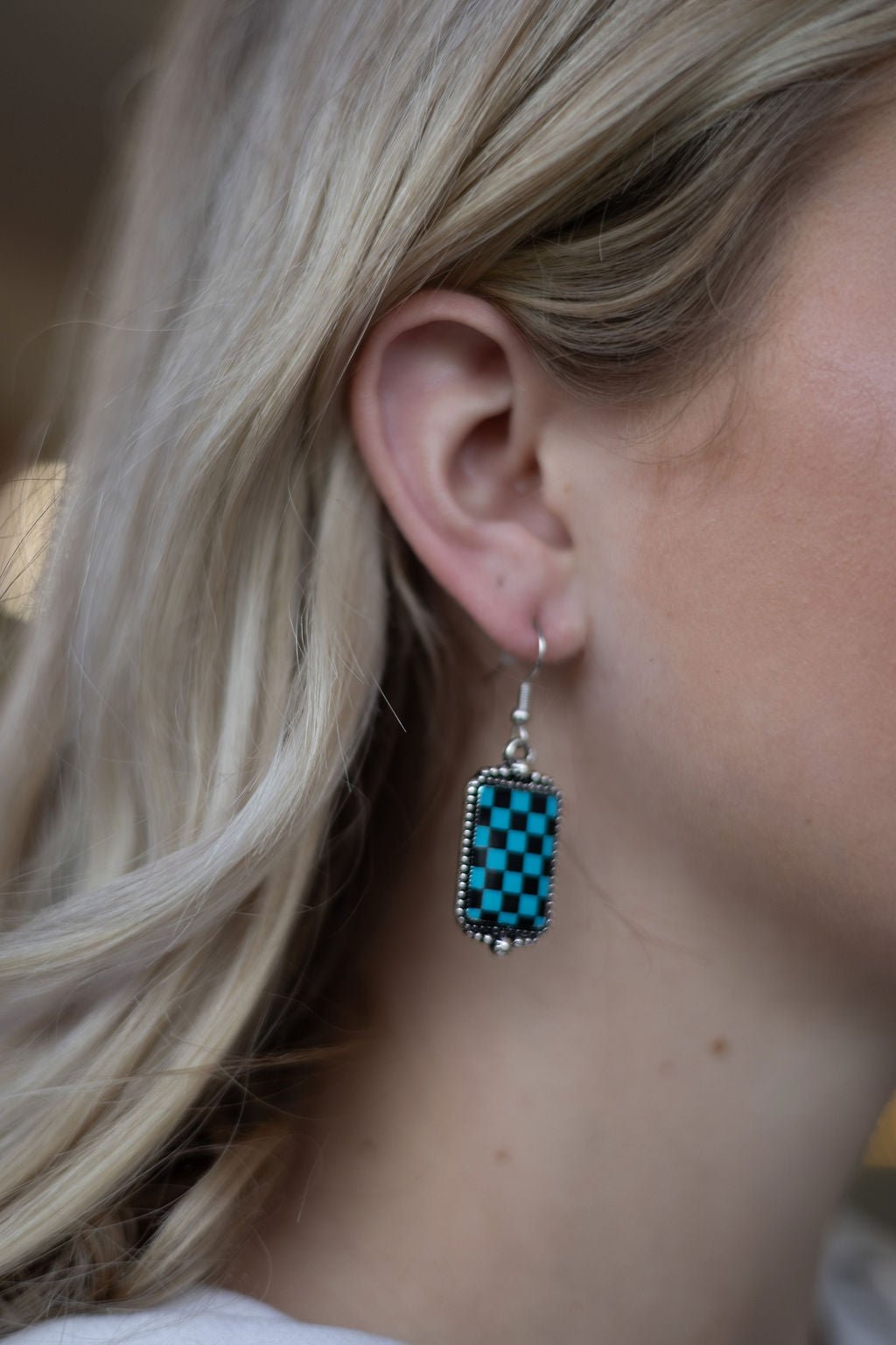 Checkered Rectangle Earrings - 1 1/2 inch drop - Cowhide and Conchos