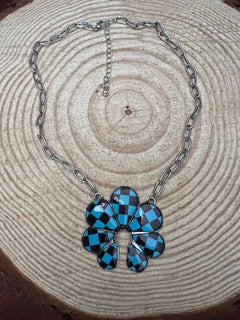 Checkered Squash Blossom Necklace - 18 inch - Cowhide and Conchos