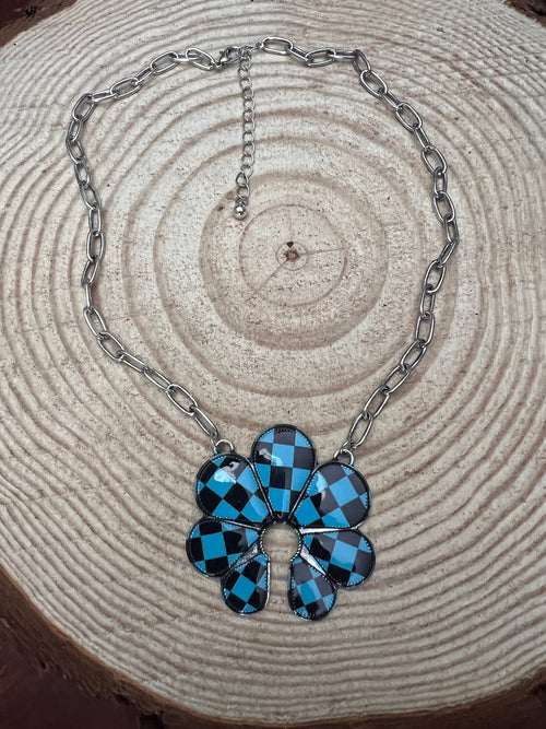 Checkered Squash Blossom Necklace - 18 inch - Cowhide and Conchos