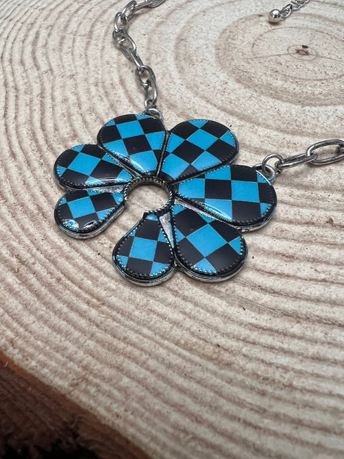 Checkered Squash Blossom Necklace - 18 inch - Cowhide and Conchos