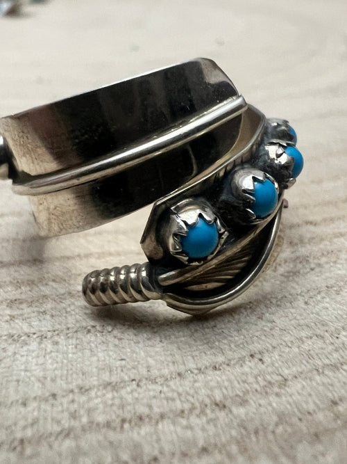 Chester Charley Navajo Handmade Kingman Turquoise Feather Adjustable Ring - Cowhide and Conchos