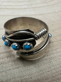 Chester Charley Navajo Handmade Kingman Turquoise Feather Adjustable Ring - Cowhide and Conchos