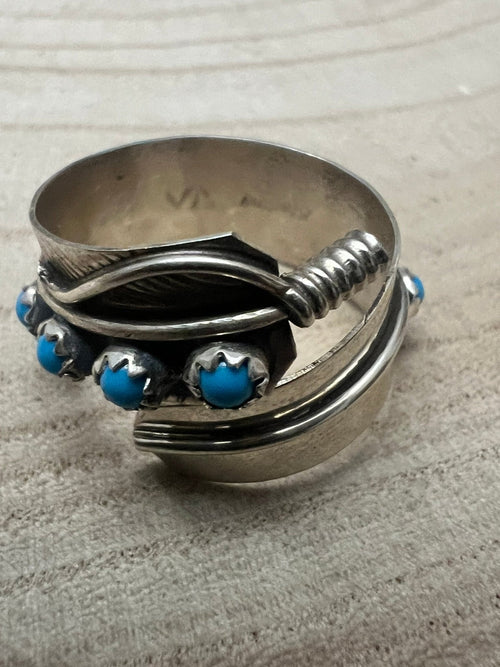 Chester Charley Navajo Handmade Kingman Turquoise Feather Adjustable Ring - Cowhide and Conchos