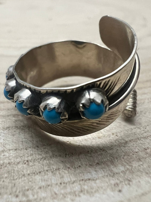 Chester Charley Navajo Handmade Kingman Turquoise Feather Adjustable Ring - Cowhide and Conchos