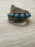 Chester Charley Navajo Handmade Kingman Turquoise Feather Adjustable Ring - Cowhide and Conchos