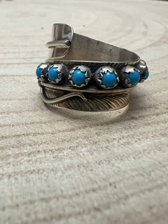 Chester Charley Navajo Handmade Kingman Turquoise Feather Adjustable Ring - Cowhide and Conchos