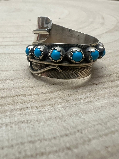 Chester Charley Navajo Handmade Kingman Turquoise Feather Adjustable Ring - Cowhide and Conchos