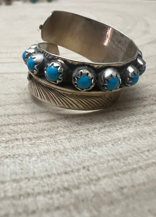 Chester Charley Navajo Handmade Kingman Turquoise Feather Adjustable Ring - Cowhide and Conchos