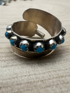 Chester Charley Navajo Handmade Kingman Turquoise Feather Adjustable Ring - Cowhide and Conchos