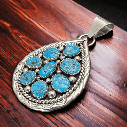 Chester Charley Turquoise & Sterling Silver Pendant - Cowhide and Conchos