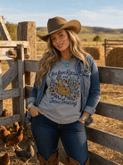 Chicken Raising & Jesus Praising T-Shirt | Soft Vintage Farm Life Graphic Tee - Cowhide and Conchos