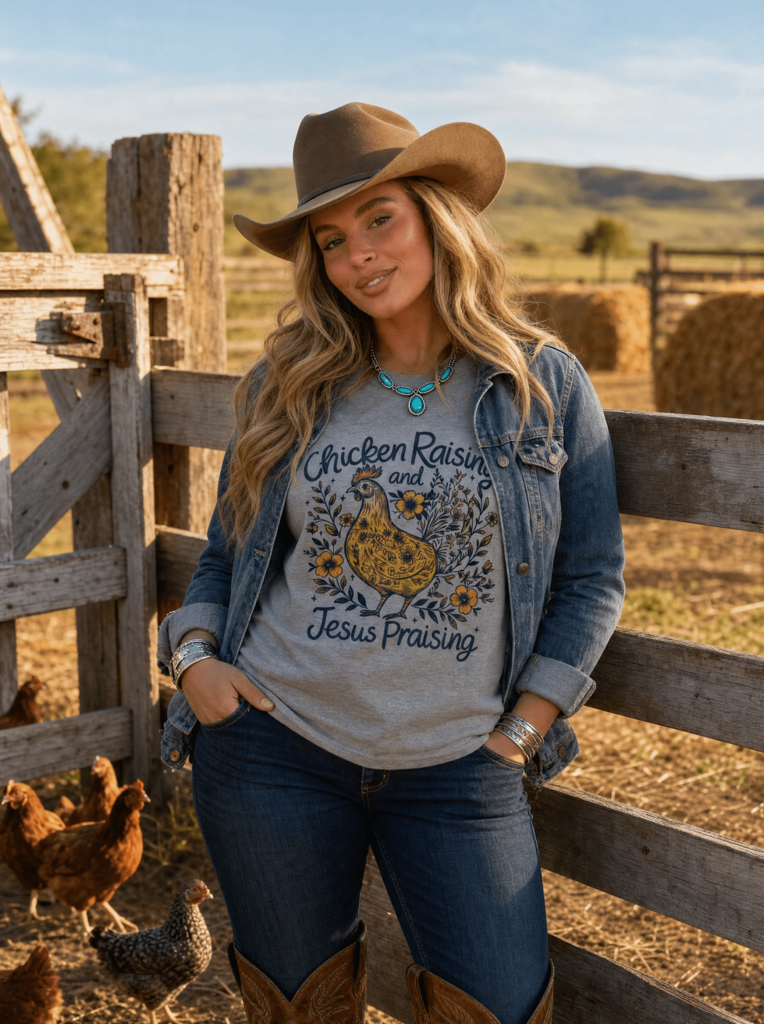 Chicken Raising & Jesus Praising T-Shirt | Soft Vintage Farm Life Graphic Tee - Cowhide and Conchos