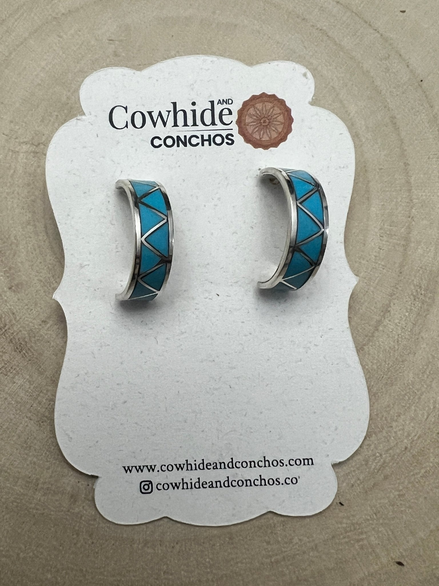 Claudine Haloo Zuni Inlay Turquoise & Sterling Silver Hoop Earrings - Cowhide and Conchos