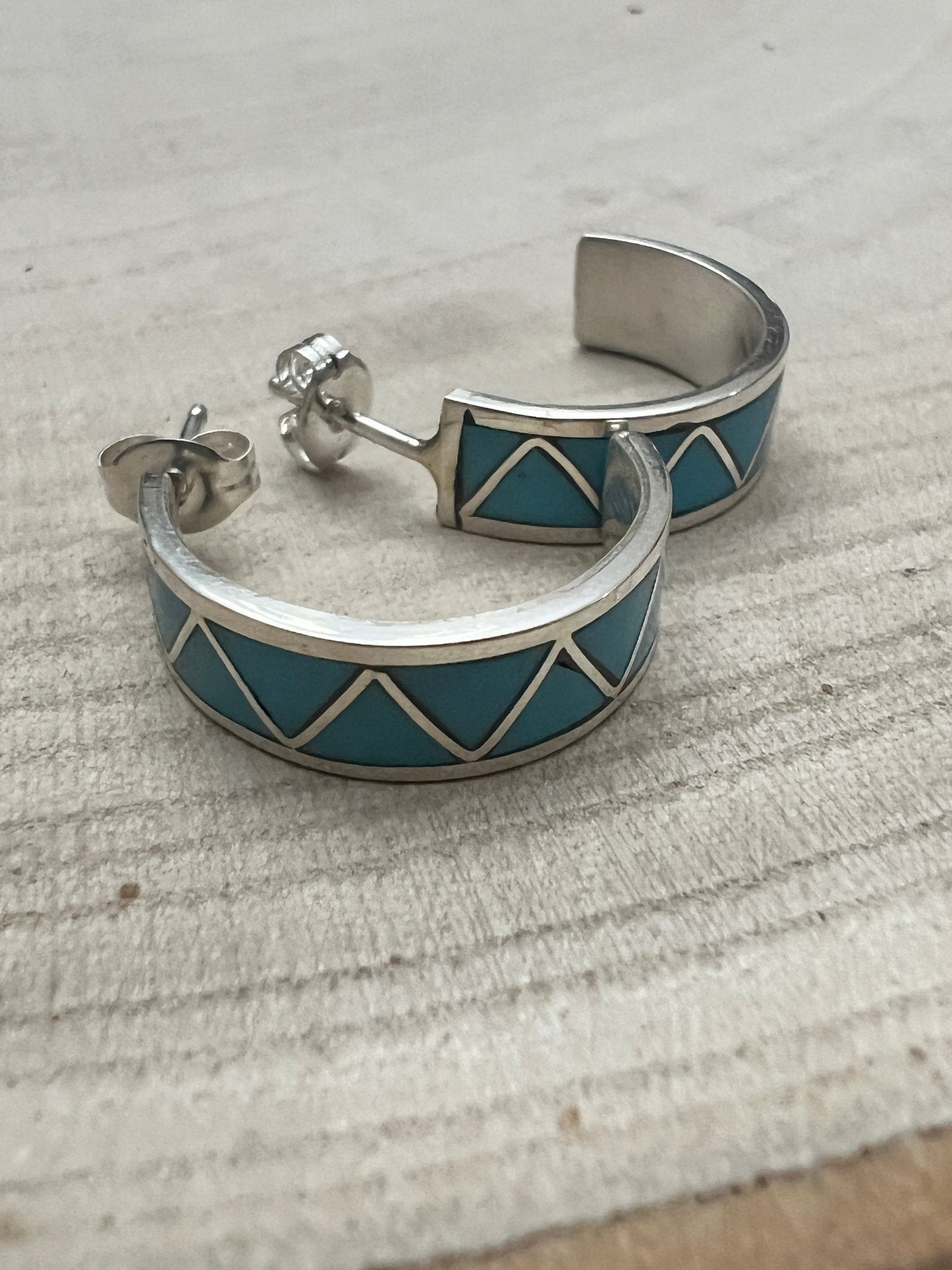 Claudine Haloo Zuni Inlay Turquoise & Sterling Silver Hoop Earrings - Cowhide and Conchos