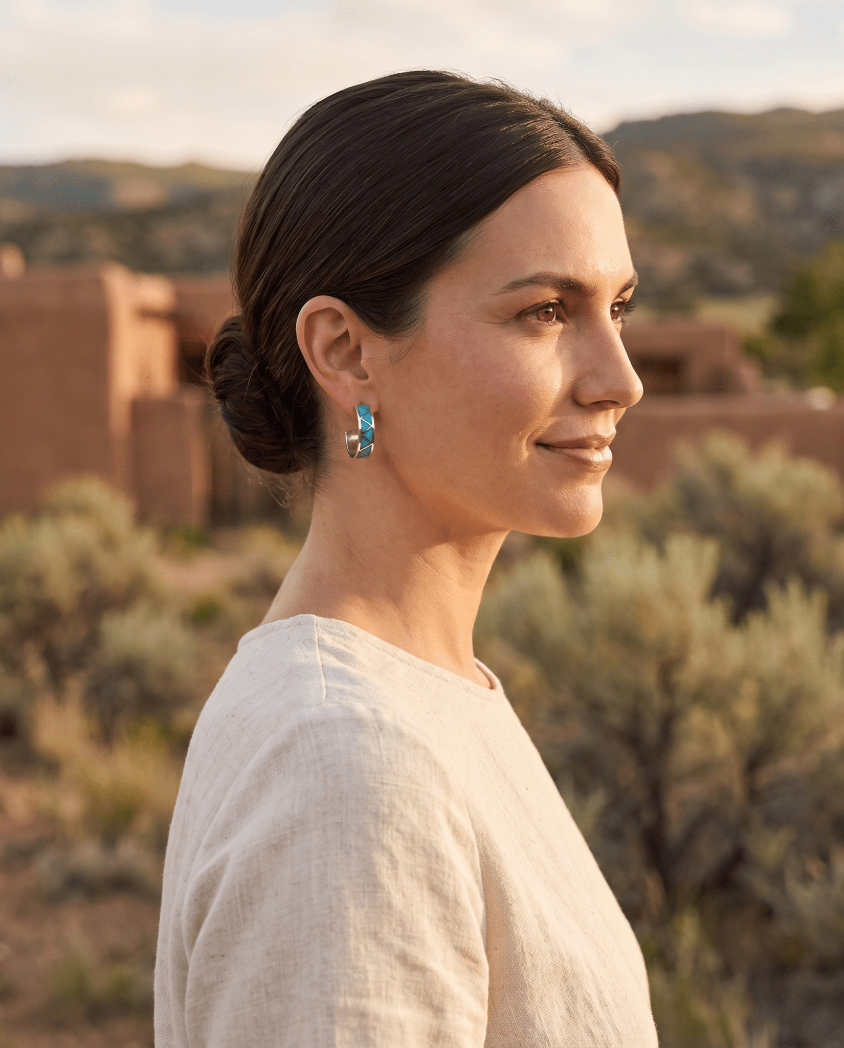 Claudine Haloo Zuni Inlay Turquoise & Sterling Silver Hoop Earrings - Cowhide and Conchos
