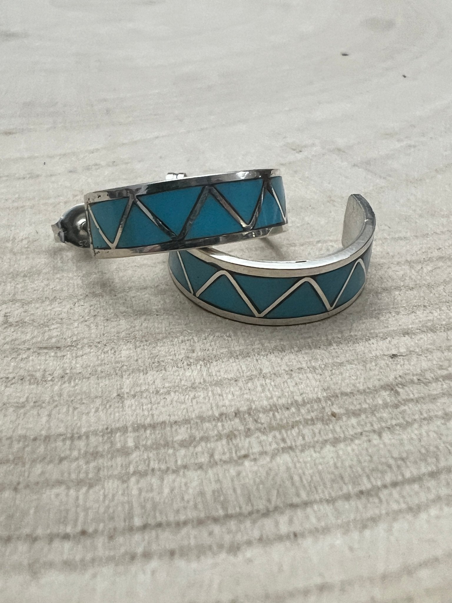 Claudine Haloo Zuni Inlay Turquoise & Sterling Silver Hoop Earrings - Cowhide and Conchos