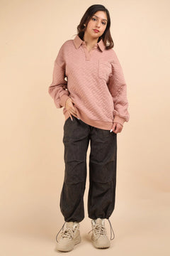 Collared Quilted Knit Top - Cowhide and Conchos