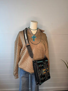 Collared Quilted Knit Top - Cowhide and Conchos
