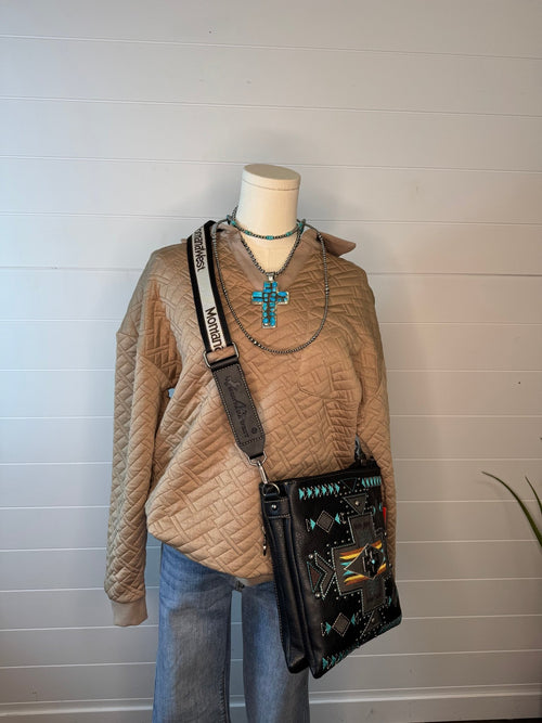 Collared Quilted Knit Top - Cowhide and Conchos