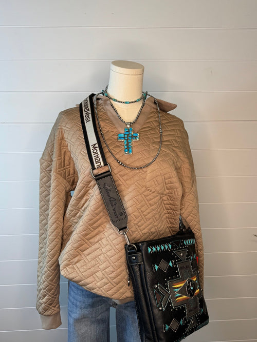 Collared Quilted Knit Top - Cowhide and Conchos