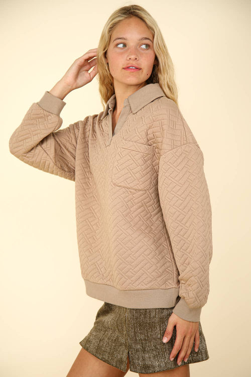 Collared Quilted Knit Top - Cowhide and Conchos