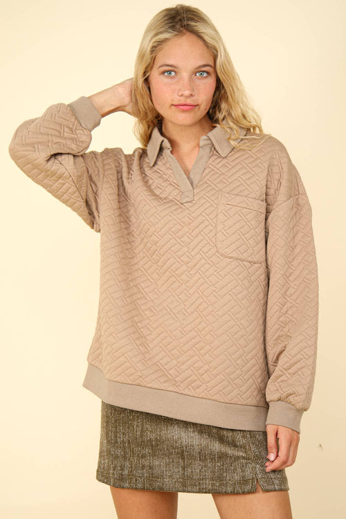 Collared Quilted Knit Top - Cowhide and Conchos