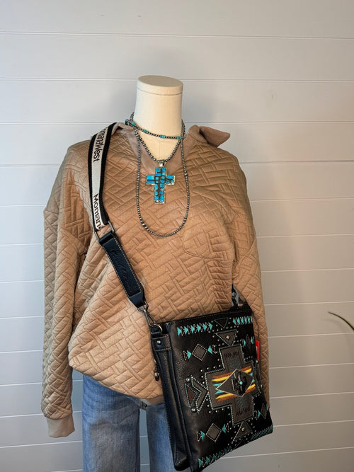Collared Quilted Knit Top - Cowhide and Conchos