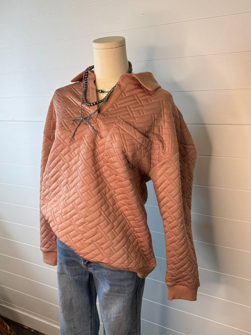 Collared Quilted Knit Top - Cowhide and Conchos