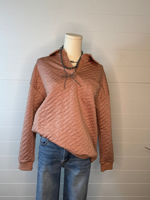 Collared Quilted Knit Top - Cowhide and Conchos