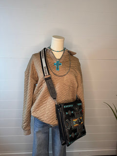 Collared Quilted Knit Top - Cowhide and Conchos