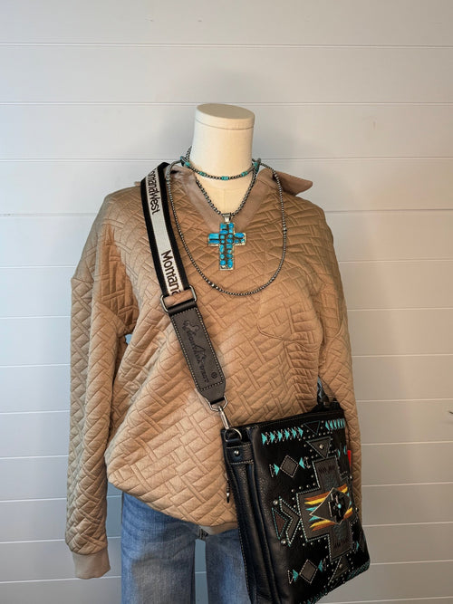 Collared Quilted Knit Top - Cowhide and Conchos