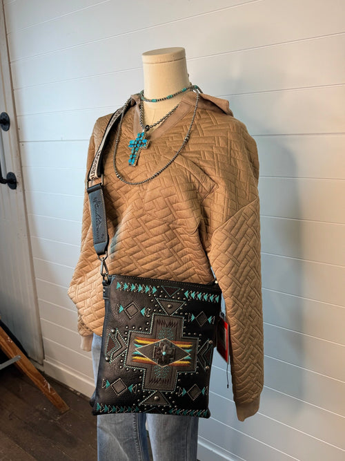 Collared Quilted Knit Top - Cowhide and Conchos