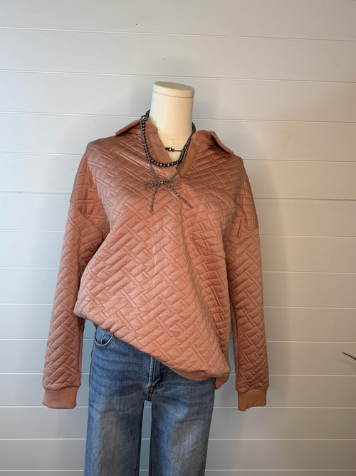 Collared Quilted Knit Top - Cowhide and Conchos