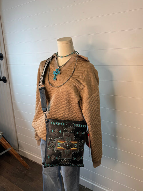 Collared Quilted Knit Top - Cowhide and Conchos