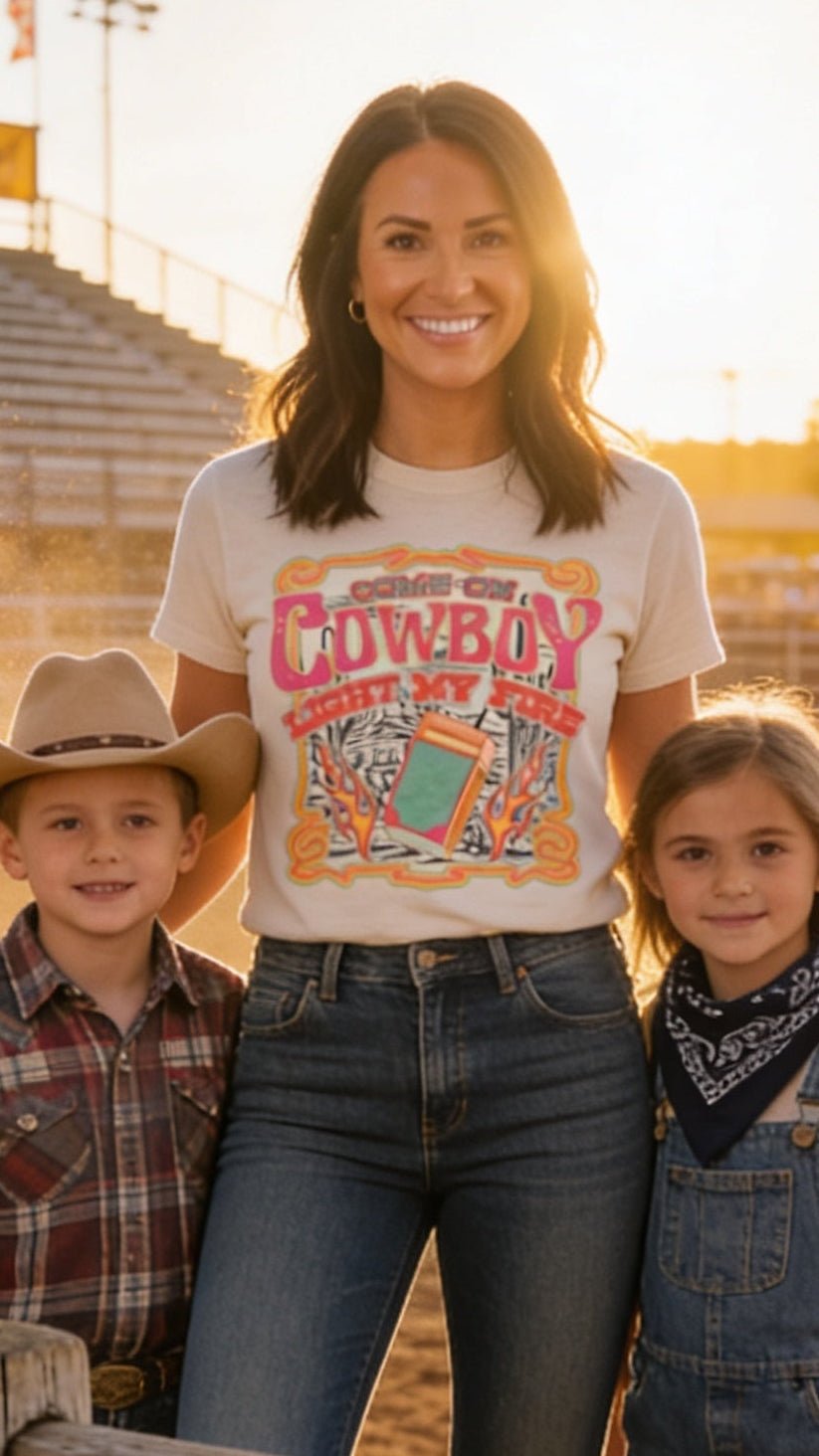 "Come on Cowboy, Light My Fire" Retro Western Graphic T-Shirt – Vintage Cowboy Core Tee - Cowhide and Conchos