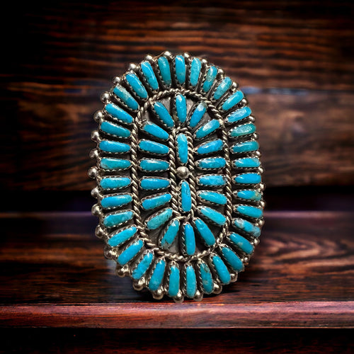 Commanding Turquoise & Sterling Cluster Ring by Philena Byjoe - Size 8 - Cowhide and Conchos