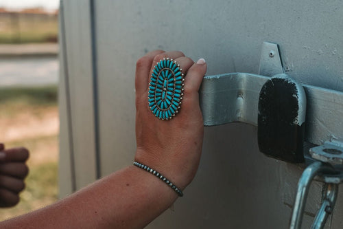 Commanding Turquoise & Sterling Cluster Ring by Philena Byjoe - Size 8 - Cowhide and Conchos