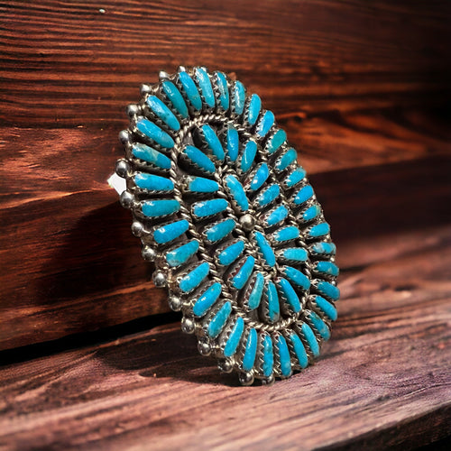 Commanding Turquoise & Sterling Cluster Ring by Philena Byjoe - Size 8 - Cowhide and Conchos