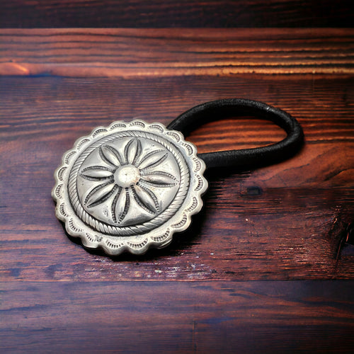 Concho hair tie - Western hair tie - sterling silver - Cowhide and Conchos