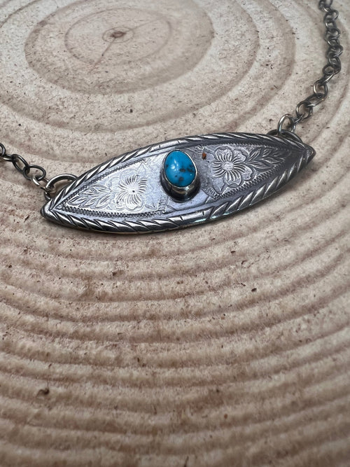 Concho Necklace with Kingman Turquoise & 18 inch sterling chain - Cowhide and Conchos