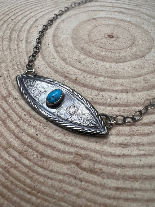 Concho Necklace with Kingman Turquoise & 18 inch sterling chain - Cowhide and Conchos