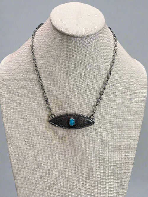Concho Necklace with Kingman Turquoise & 18 inch sterling chain - Cowhide and Conchos