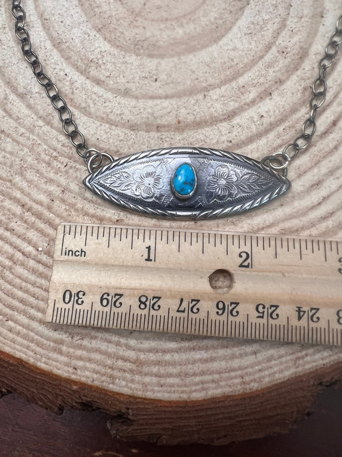 Concho Necklace with Kingman Turquoise & 18 inch sterling chain - Cowhide and Conchos